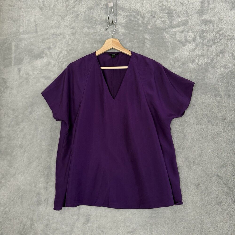 COS Silk Short Sleeve Blouse Womens Purple Oversized V Neck Side Pleat Top